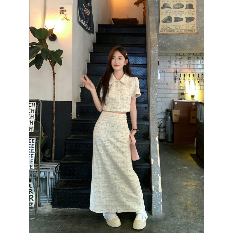 SET VÁY DẠ TWEED, SET VÁY DÀI XẺ SAU VÀ ÁO CROPTOP DẠ, SET VÁY TIỂU THƯ DÀI QUA GỐI