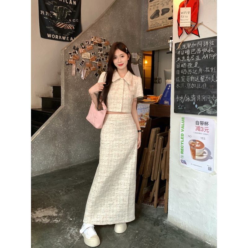SET VÁY DẠ TWEED, SET VÁY DÀI XẺ SAU VÀ ÁO CROPTOP DẠ, SET VÁY TIỂU THƯ DÀI QUA GỐI