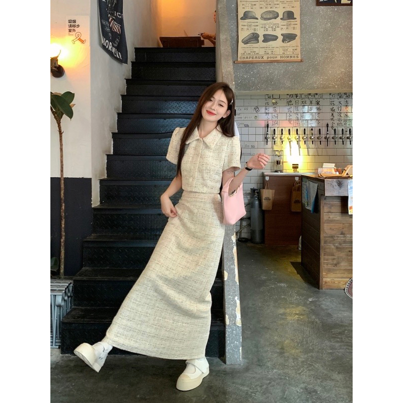 SET VÁY DẠ TWEED, SET VÁY DÀI XẺ SAU VÀ ÁO CROPTOP DẠ, SET VÁY TIỂU THƯ DÀI QUA GỐI