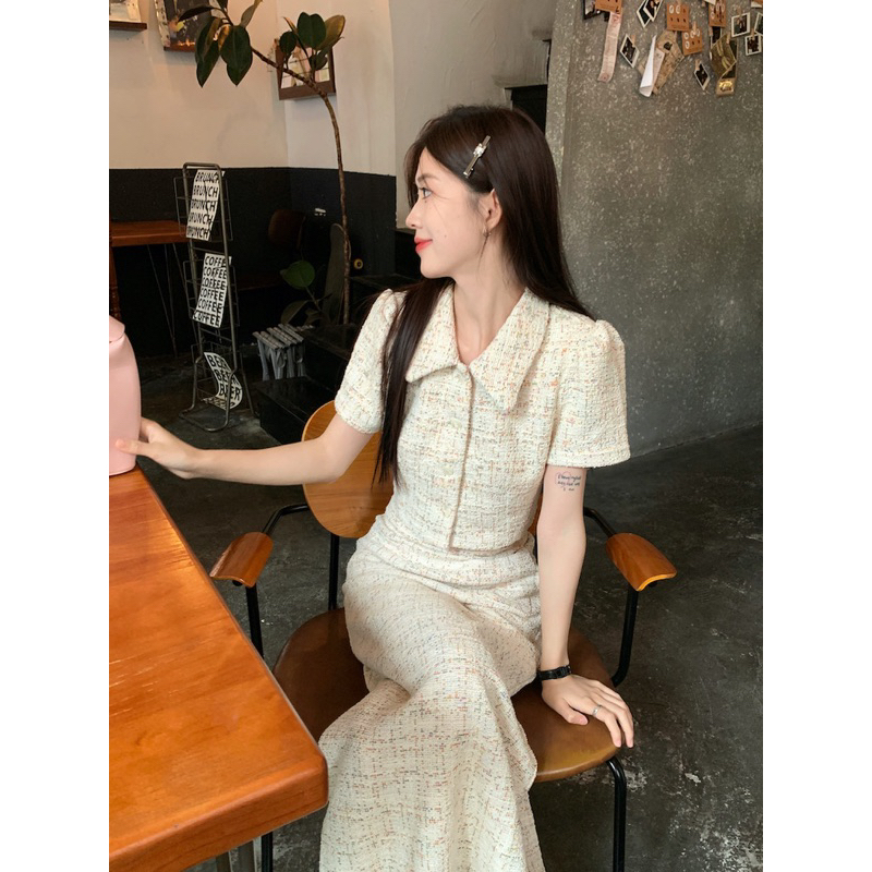 SET VÁY DẠ TWEED, SET VÁY DÀI XẺ SAU VÀ ÁO CROPTOP DẠ, SET VÁY TIỂU THƯ DÀI QUA GỐI