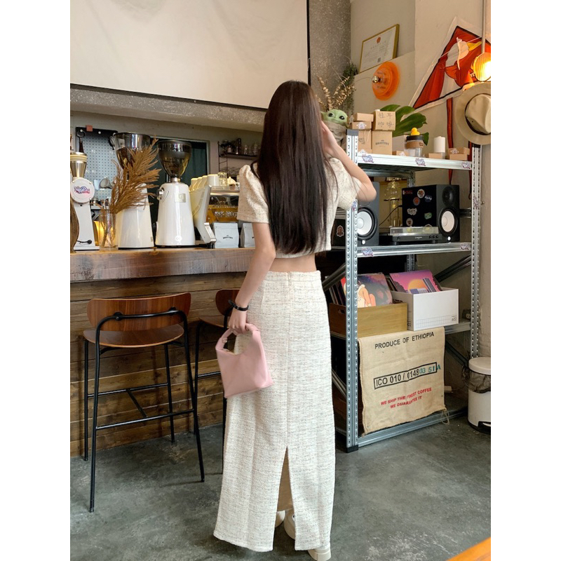 SET VÁY DẠ TWEED, SET VÁY DÀI XẺ SAU VÀ ÁO CROPTOP DẠ, SET VÁY TIỂU THƯ DÀI QUA GỐI