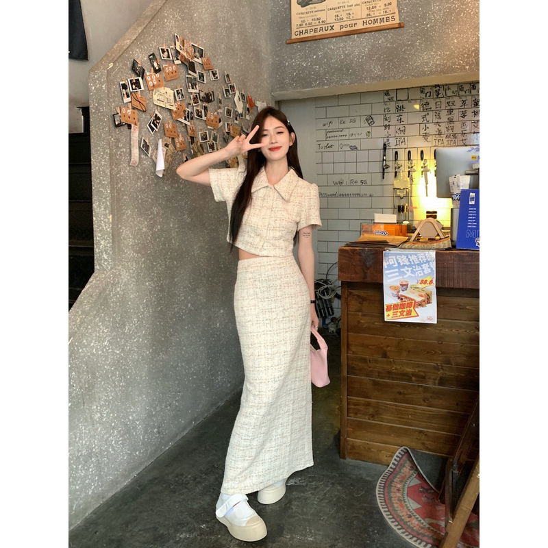 SET VÁY DẠ TWEED, SET VÁY DÀI XẺ SAU VÀ ÁO CROPTOP DẠ, SET VÁY TIỂU THƯ DÀI QUA GỐI