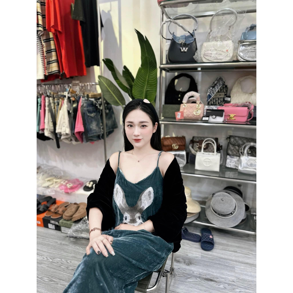 Váy 2 dây nhung thêu thỏ suông 5 màu