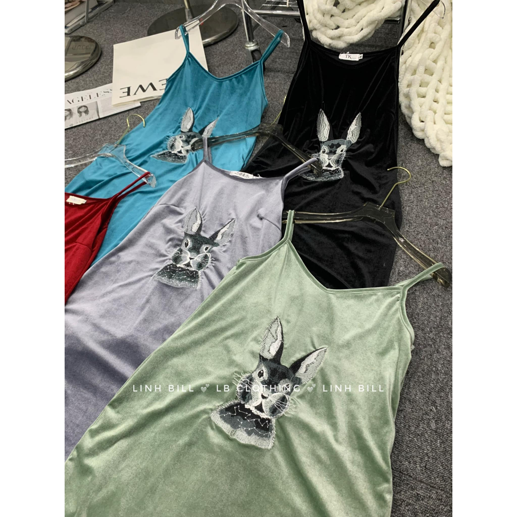 Váy 2 dây nhung thêu thỏ suông 5 màu