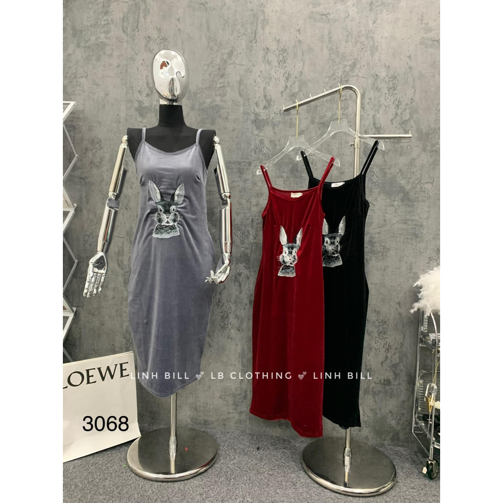 Váy 2 dây nhung thêu thỏ suông 5 màu