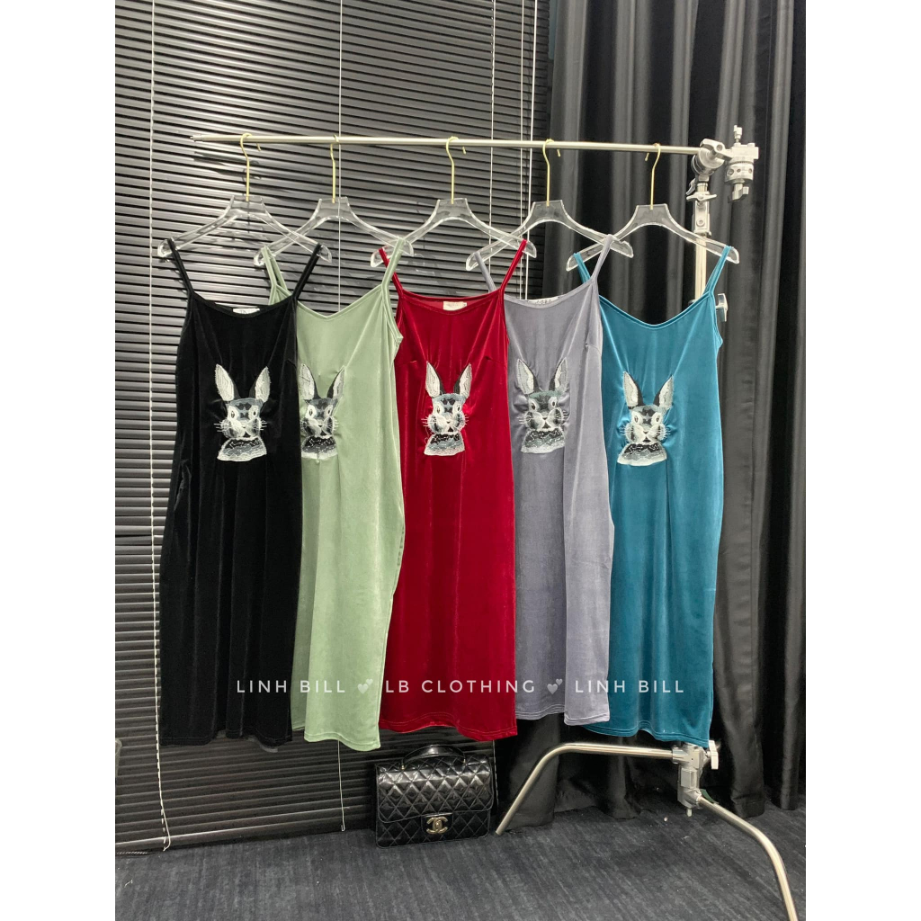 Váy 2 dây nhung thêu thỏ suông 5 màu