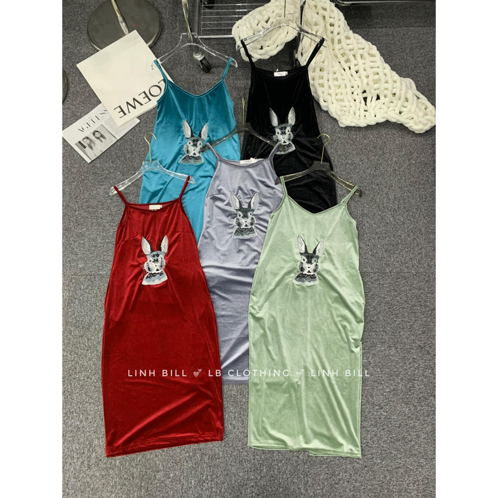 Váy 2 dây nhung thêu thỏ suông 5 màu