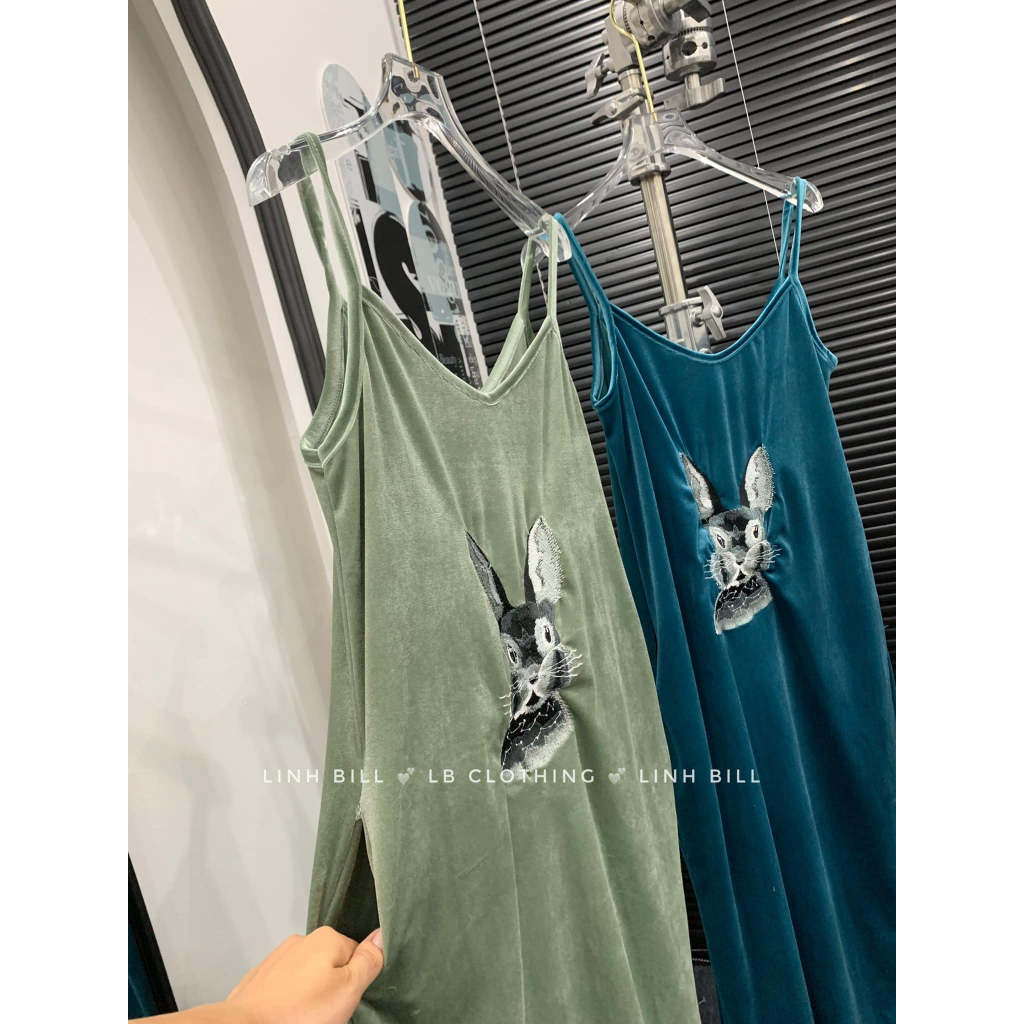 Váy 2 dây nhung thêu thỏ suông 5 màu