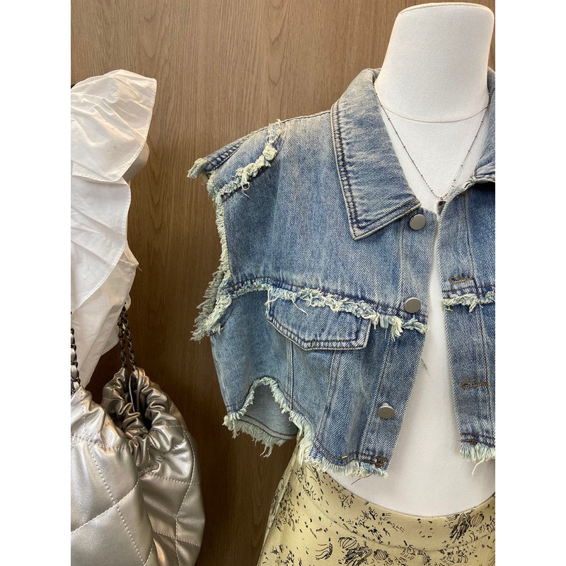 Áo bò croptop nữ khoác ngoài không tay có cổ chất liệu denim mềm mại hàng qccc Yame clothing