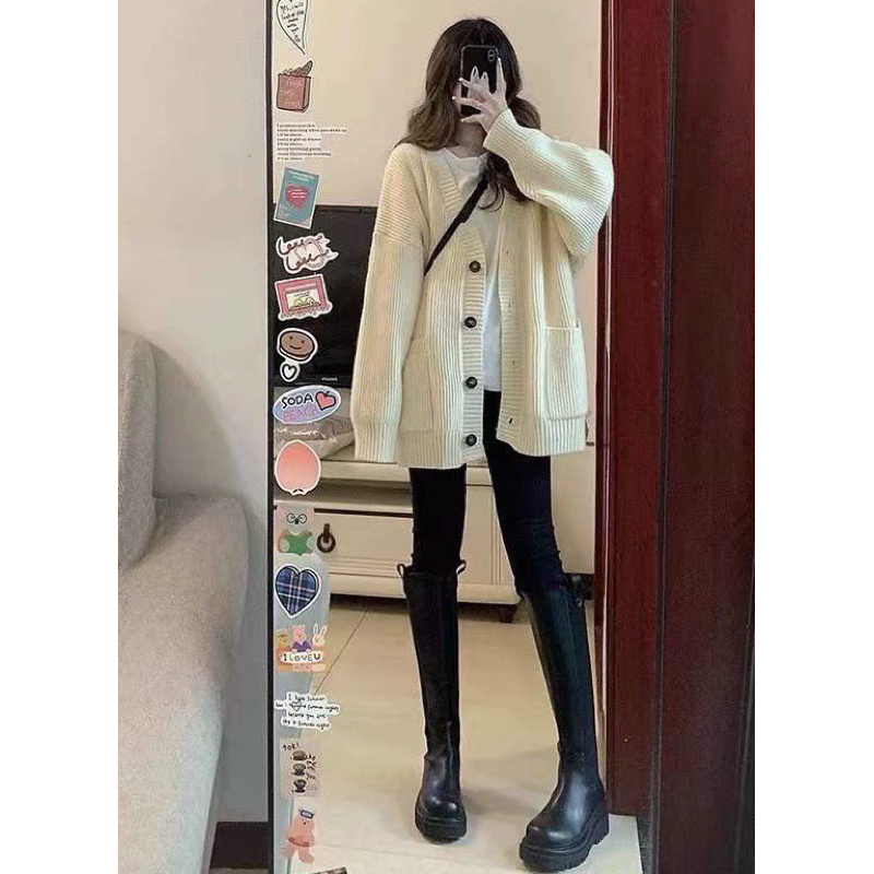 Áo khoác len dáng dài hai túi quảng châu, áo cardigan len thu đông