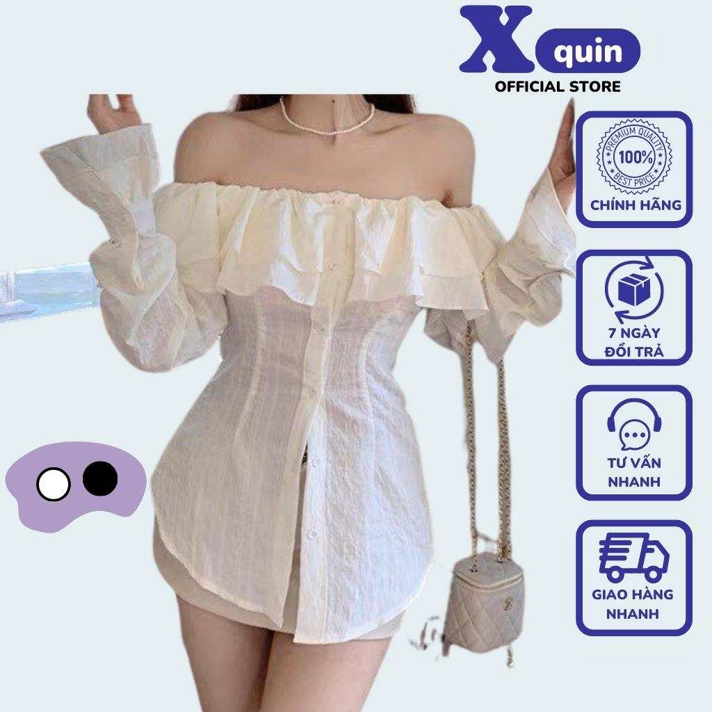 Áo trễ vai tiểu thư phối bèo tay dài cài nút Xquin, Áo kiểu nữ bẹt vai dáng dài có bo chun chất vải xốp siêu xinh