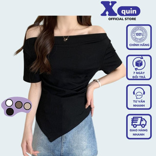 Áo thun nữ trễ vai tay ngắn vạt nhọn Xquin Áo kiểu nữ lệch vai vạt chéo chất thun gân mềm mịn