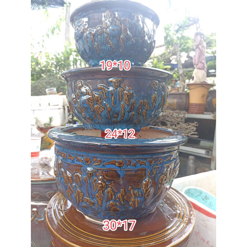 Thanh lý bộ 3 chậu bát tiên men xanh hoả biến