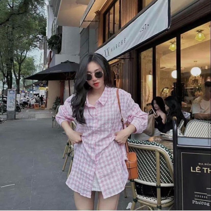 Áo sơ mi đũi kẻ caro hồng Zara xuất A225