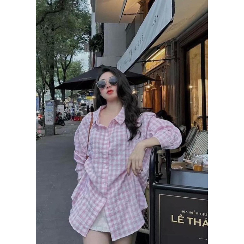 Áo sơ mi đũi kẻ caro hồng Zara xuất A225