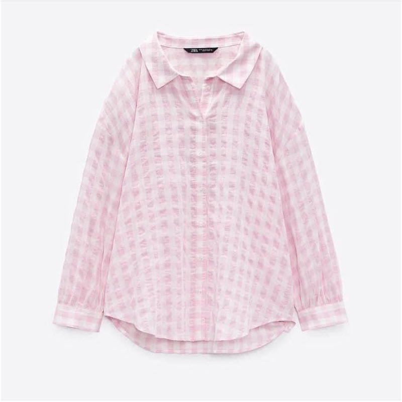 Áo sơ mi đũi kẻ caro hồng Zara xuất A225