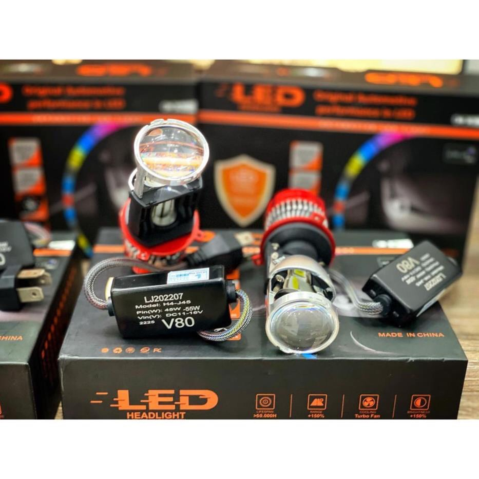Đèn Led Pha Bi Cầu Mini V80 chân H4 Công Suất 55w lắp đặt cho Ô tô và Xe Máy Bảo Hành 12 Tháng
