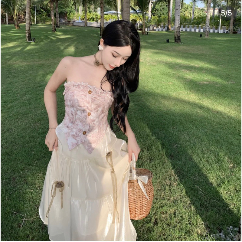 Đầm công chúa cúp ngực 𝐋𝐀𝐋𝐀𝐃𝐔𝐃𝐔 Vintage hoa hồng dễ thương xoè tầng kiểu Pháp