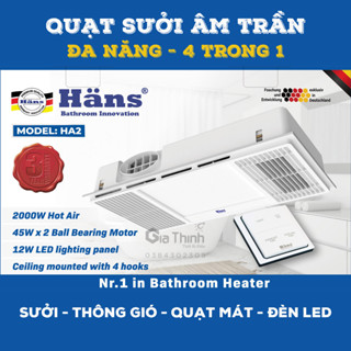 Quạt sưởi nhà tắm âm trần Hans HA2 đa năng 4 trong 1 thông gió, sưởi ấm, làm mát, chiếu sáng kích thước 30x60cm