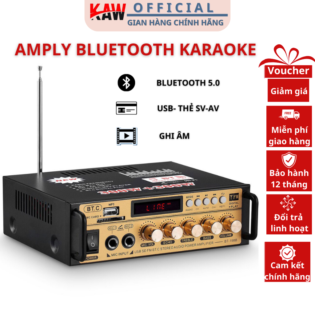 Amply mini Kaw BT 198B/Kal-800 - Hàng Chính Hãng, Hỗ Trợ Bluetooth 5.0, Đa Chức Năng, Điều Chỉnh Echo Treble B