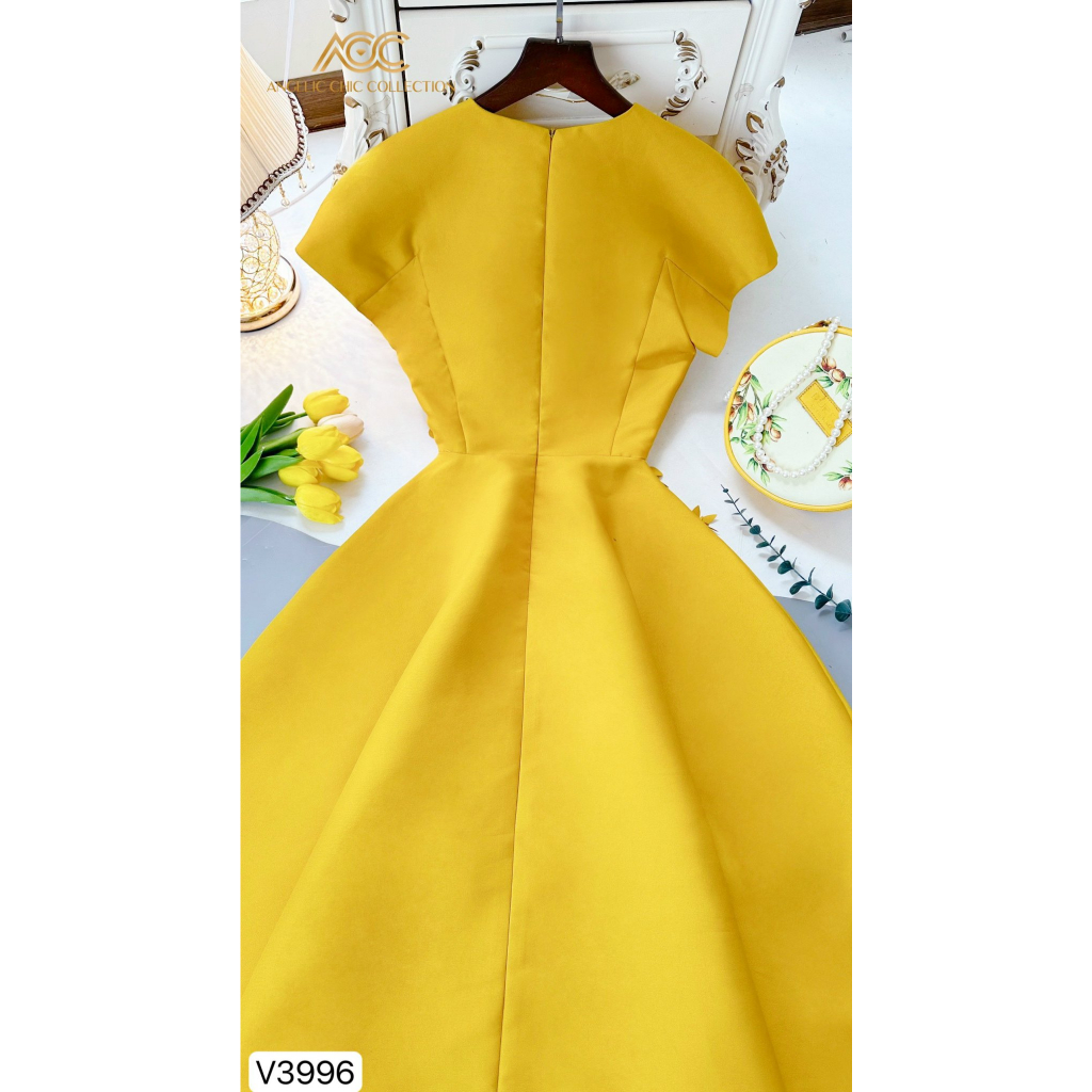 VÁY TAFTA NỮ THIẾT KẾ, VÁY VÀNG CHẤT TAFTA ĐÍNH HOA NỔI V3996- DVC