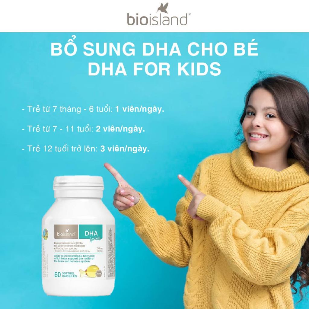 Dầu cá DHA for kid Bio Island cho bé 60 viên phát triển trí não toàn diện, phát triển chiều cao