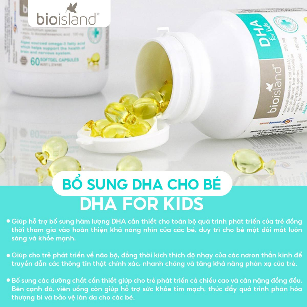 Dầu cá DHA for kid Bio Island cho bé 60 viên phát triển trí não toàn diện, phát triển chiều cao