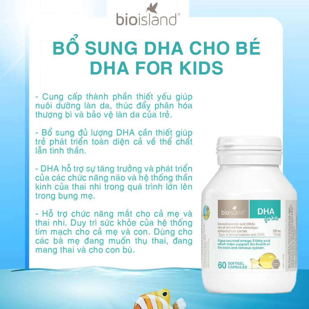 Dầu cá DHA for kid Bio Island cho bé 60 viên phát triển trí não toàn diện, phát triển chiều cao