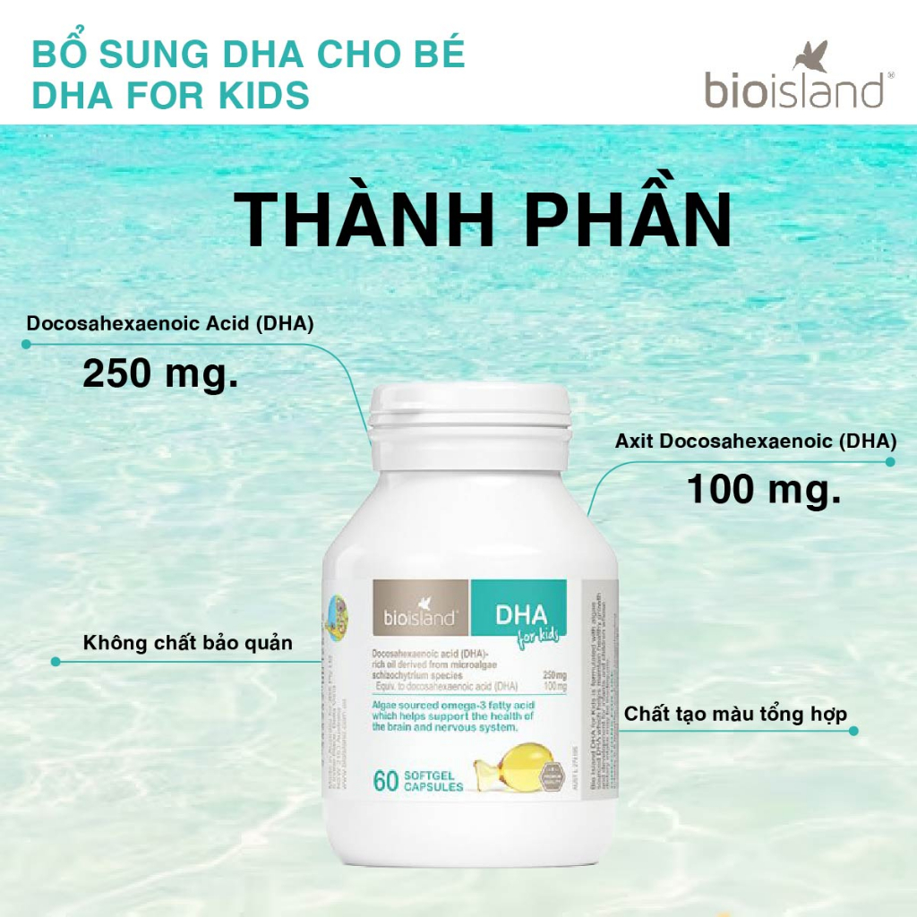 Dầu cá DHA for kid Bio Island cho bé 60 viên phát triển trí não toàn diện, phát triển chiều cao