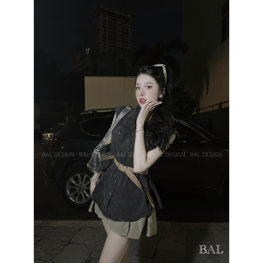 Set áo smi ba lỗ + chân váy kèm đai da cực chất