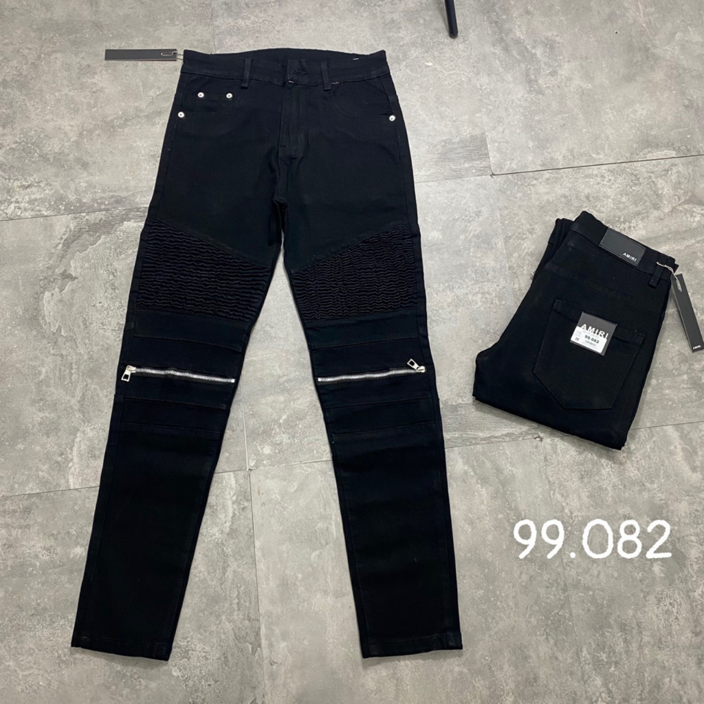 Quần JEAN BATMAN Nam Đen Khoá Phối Đùi Vải Nhăn Đùi Quần Bò Nhăn Phong Cách Khóa Zip