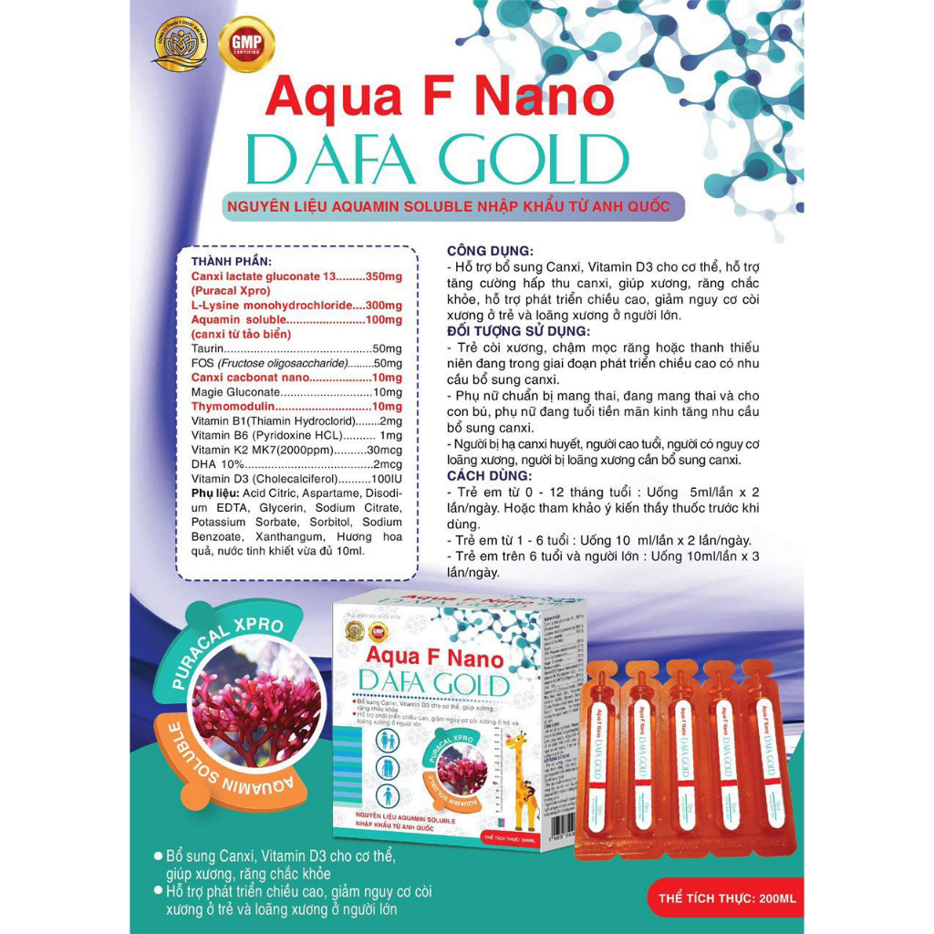 Calci Nano Dafa Gold - Bổ sung calci, vitamin D3 cho cơ thể - Hộp 20 ống