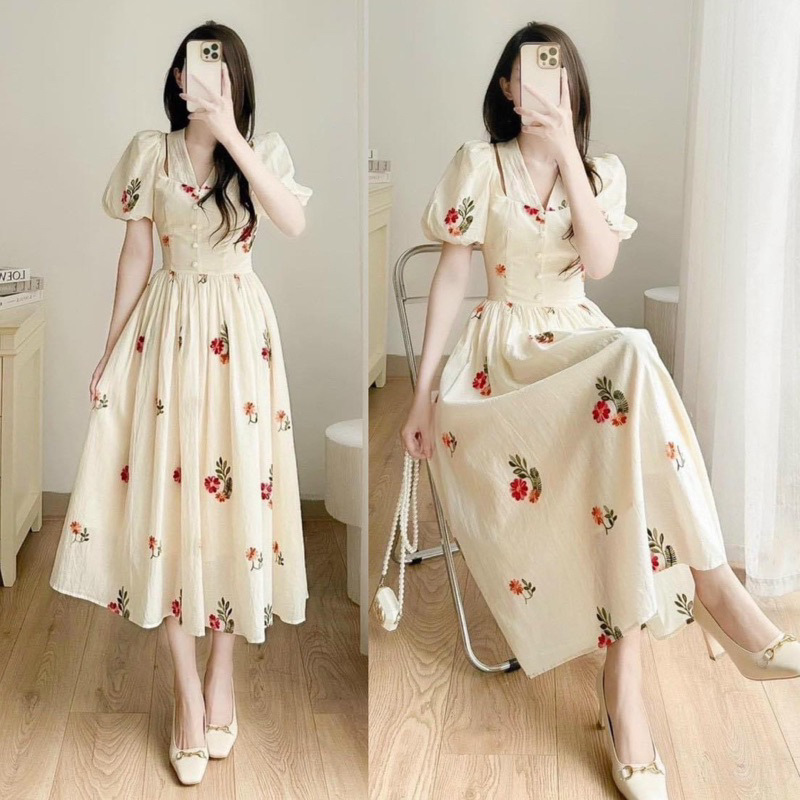 🛍Đầm váy nữ 🛍Đầm hoa nhí tay ngắn,váy hoa dáng dài midi,vải lụa hoa nhí đi chơi đi tiệc đẹp,màu nude tôn da tôn dáng
