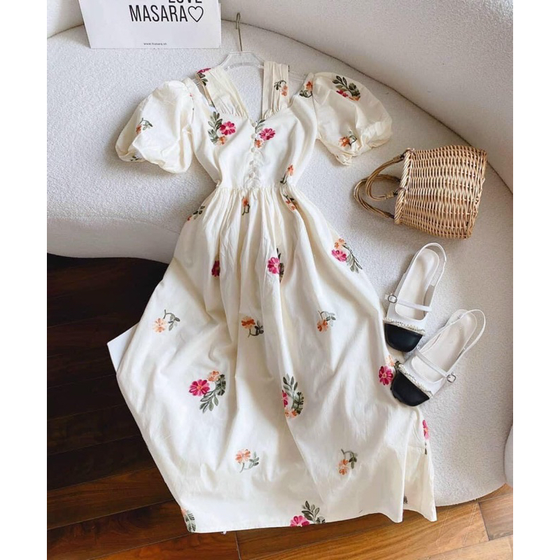 🛍Đầm váy nữ 🛍Đầm hoa nhí tay ngắn,váy hoa dáng dài midi,vải lụa hoa nhí đi chơi đi tiệc đẹp,màu nude tôn da tôn dáng