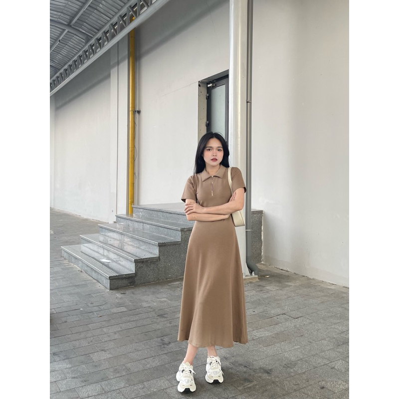 Váy Polo Cổ Bẻ Khoá Kéo Dáng Dài Ôm Eo Tôn Dáng SHE NN