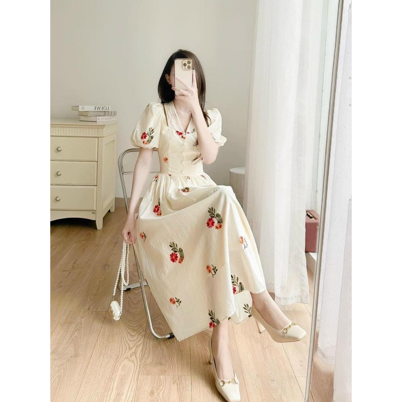 🛍Đầm váy nữ 🛍Đầm hoa nhí tay ngắn,váy hoa dáng dài midi,vải lụa hoa nhí đi chơi đi tiệc đẹp,màu nude tôn da tôn dáng