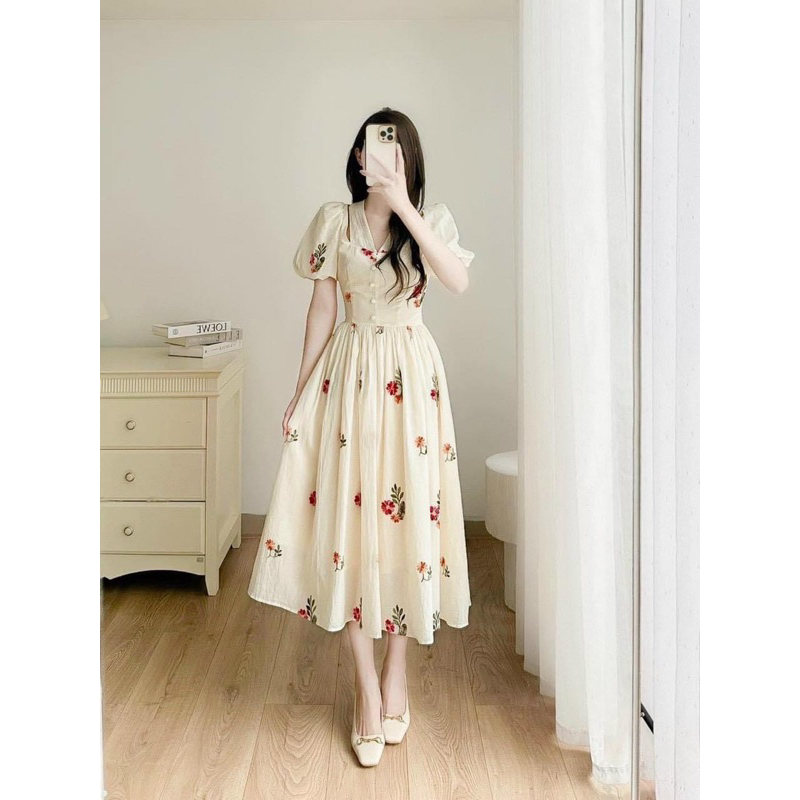 🛍Đầm váy nữ 🛍Đầm hoa nhí tay ngắn,váy hoa dáng dài midi,vải lụa hoa nhí đi chơi đi tiệc đẹp,màu nude tôn da tôn dáng