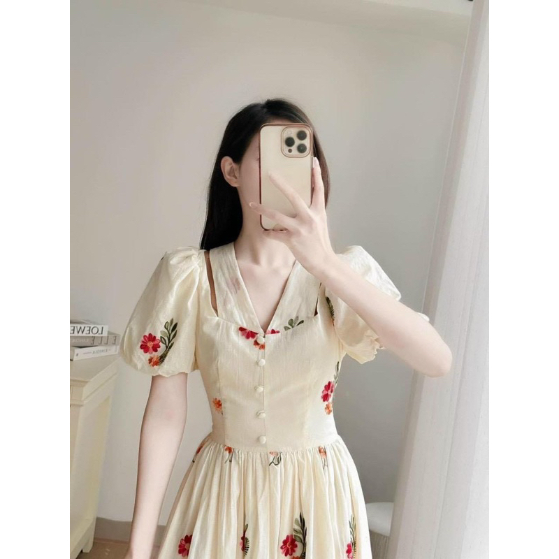🛍Đầm váy nữ 🛍Đầm hoa nhí tay ngắn,váy hoa dáng dài midi,vải lụa hoa nhí đi chơi đi tiệc đẹp,màu nude tôn da tôn dáng