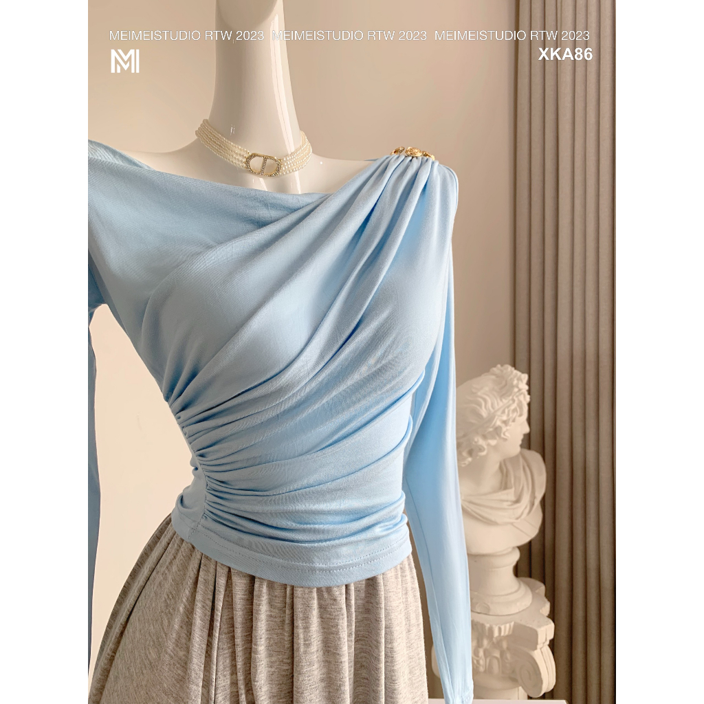 Áo thun dúm sườn, vai đính khuy, dài tay, dáng ôm, vải co giãn thoải mái, phong cách Hàn Quốc | XKA86 | Meimei Studio