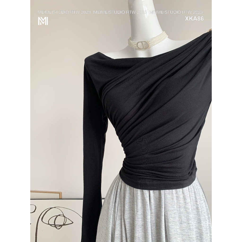 Áo thun dúm sườn, vai đính khuy, dài tay, dáng ôm, vải co giãn thoải mái, phong cách Hàn Quốc | XKA86 | Meimei Studio