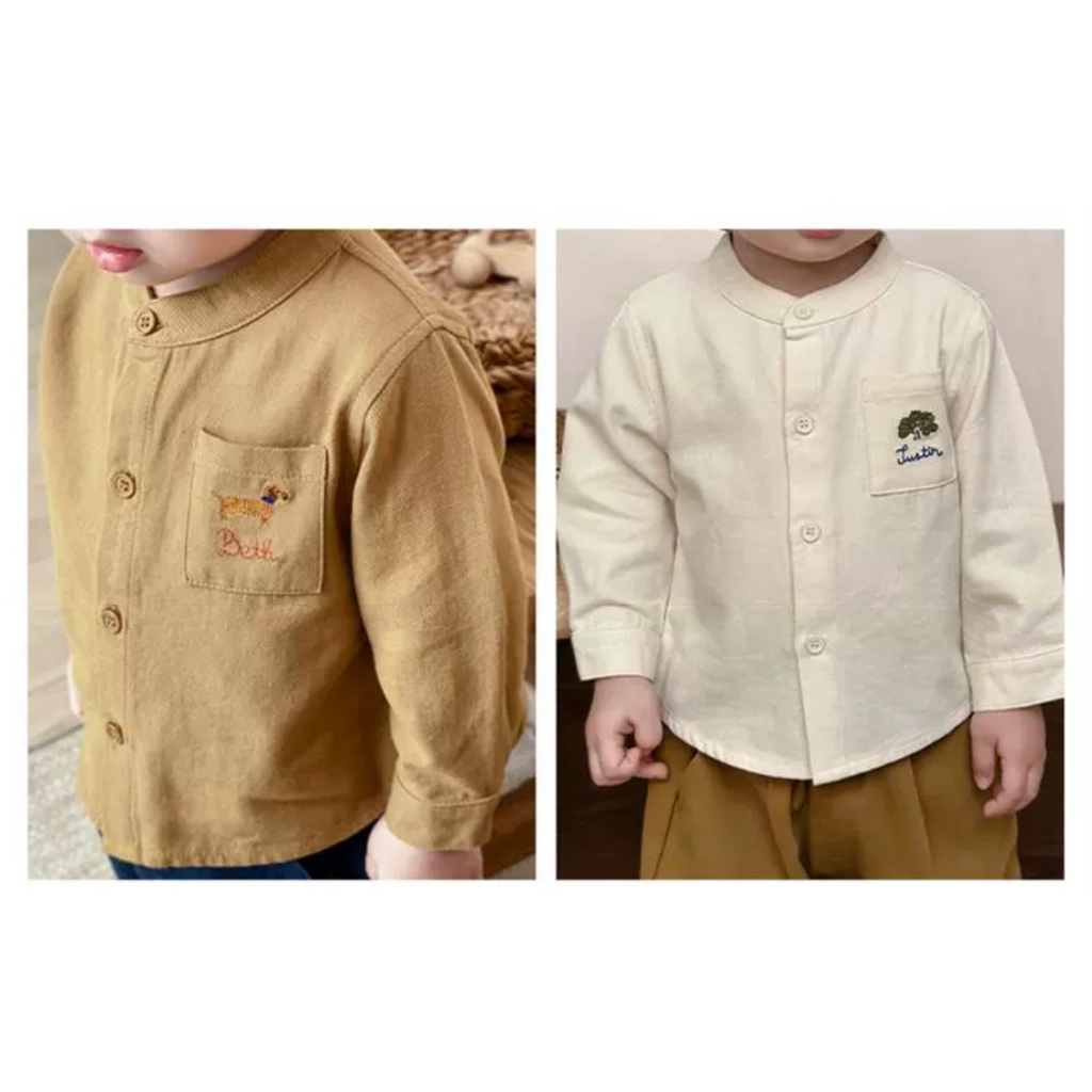 Áo sơ mi dài tay cổ trụ túi thêu hình cho bé 8-26kg Namkidshop