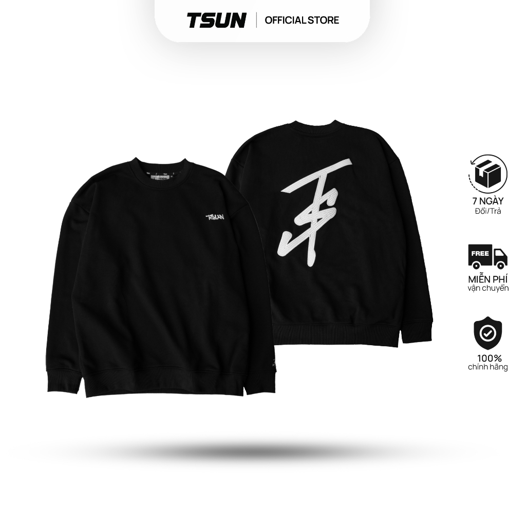 Áo Nỉ Sweater TSUN BigLogo - Tay Dài - [UNISEX] - Đen - Logo Thêu