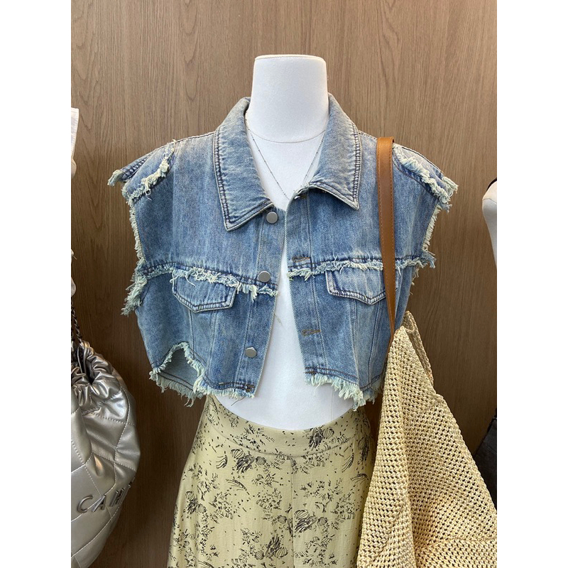 Áo bò croptop nữ khoác ngoài không tay có cổ chất liệu denim mềm mại hàng qccc Yame clothing