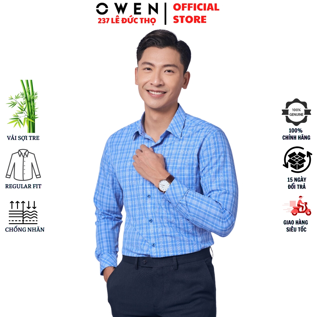 Áo sơ mi nam OWEN AR220941DT somi dài tay công sở kẻ caro xanh trắng regular fit tà lượn có túi chất sợi tre cao cấp