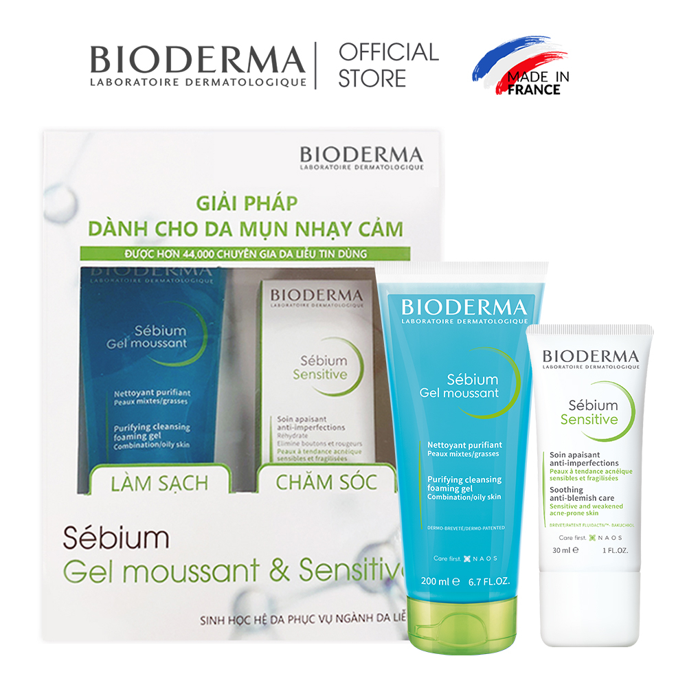 Bộ đôi gel rửa mặt tao bọt cho da mụn Bioderma Sebium 200ml và kem dưỡng giảm mụn Bioderma Sebium 30ml