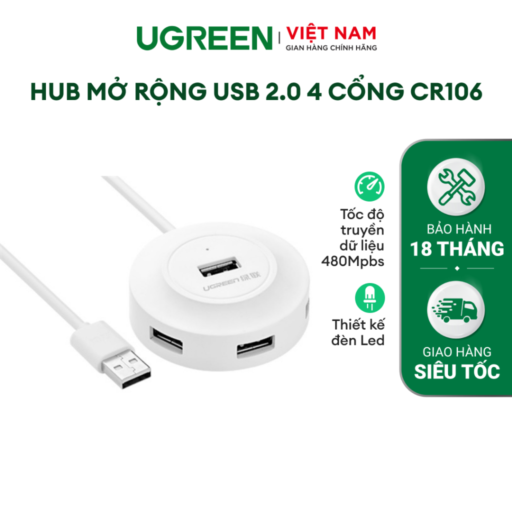 Hub USB 2.0 4 cổng tốc độ cao chính hãng UGREEN CR106 - Hàng phân phối chính hãng - Bảo hành 18 tháng