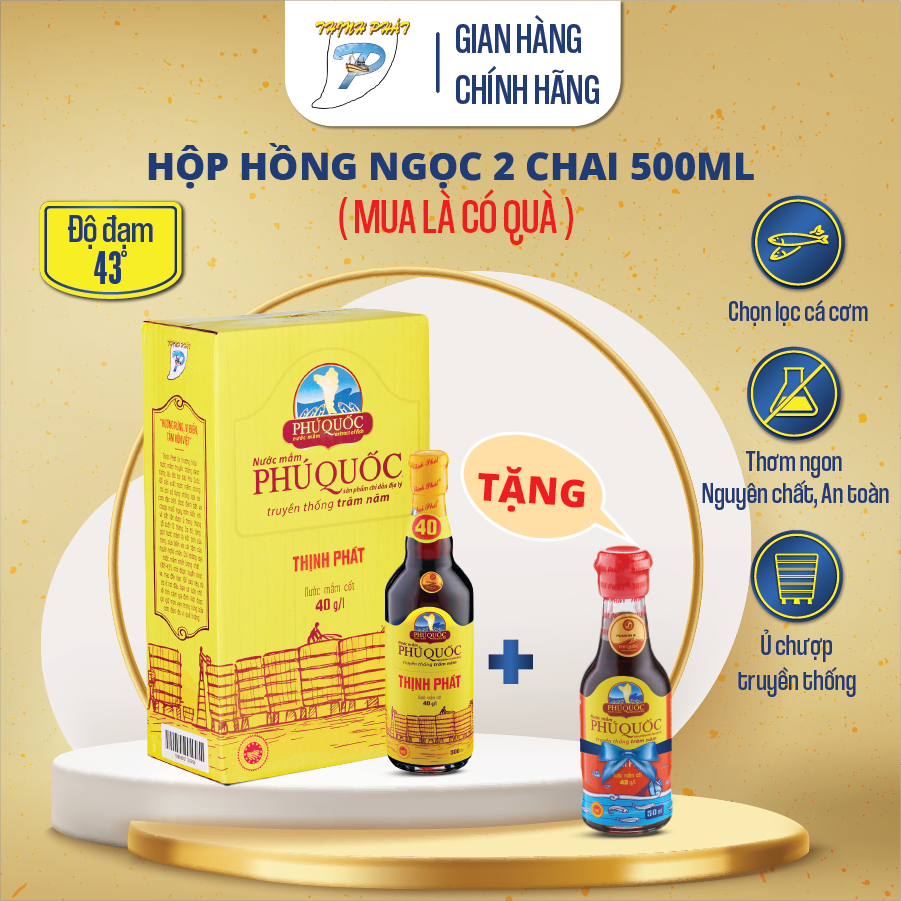 Nước mắm Phú Quốc Thịnh Phát hộp 2 chai Hồng Ngọc 500ml 40 độ đạm- hương vị truyền thống, nước mắm cốt nhĩ