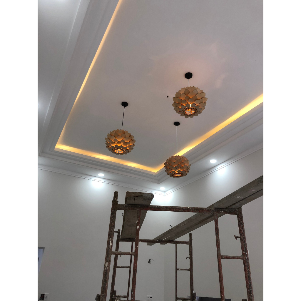 Mẫu 3L - Đèn gỗ ốp trần, đèn trang trí hình hoa sen, giá rẻ, đèn chùm đẹp
