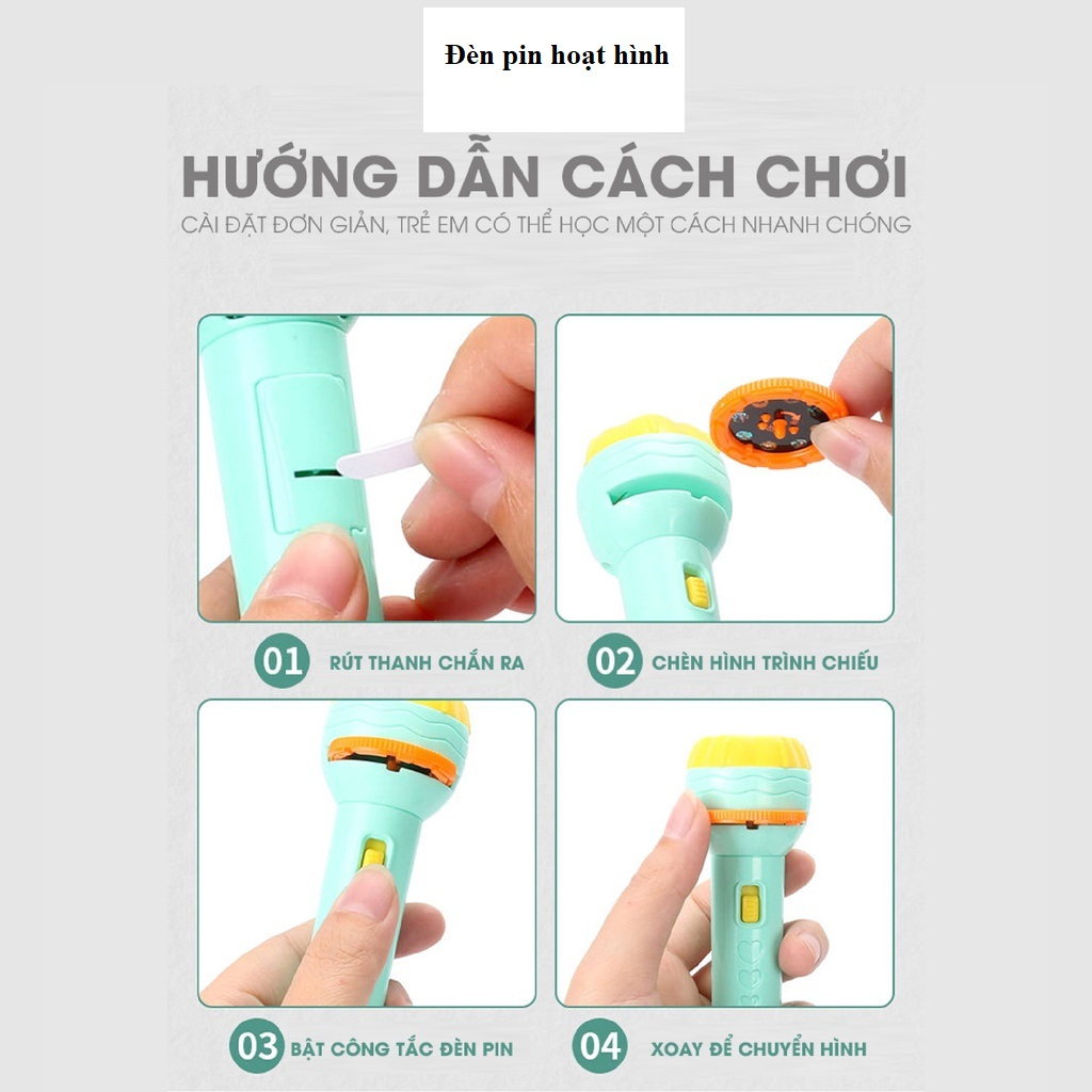 Đèn pin chiếu hình động vật ngộ nghĩnh, đồ chơi cho bé phát triển trí tuệ bé vui chơi khám phá