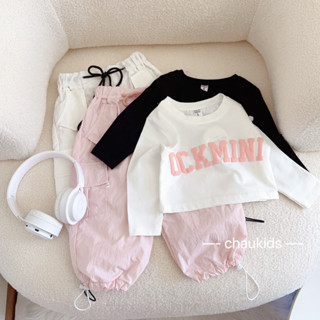 Bộ quần áo croptop dài tay bé gái cổ tròn dập chữ nổi kết hợp quần Jogger cho bé gái từ 8-20kg (bé từ 0 đên 5 tuổi)